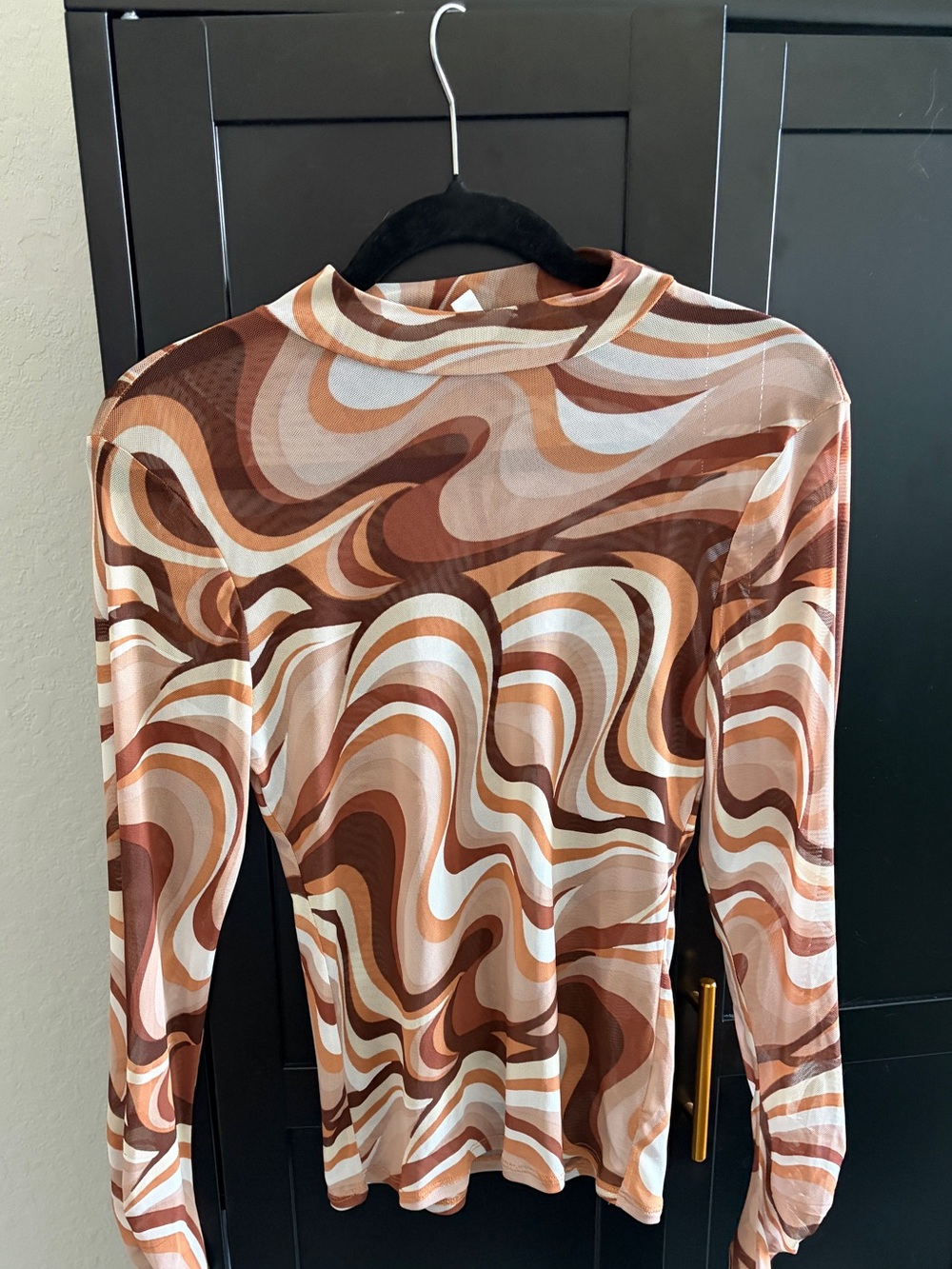 June & Hudson Brown Swirl Mesh Mock Neck Top Size L Sheer 70s Retro